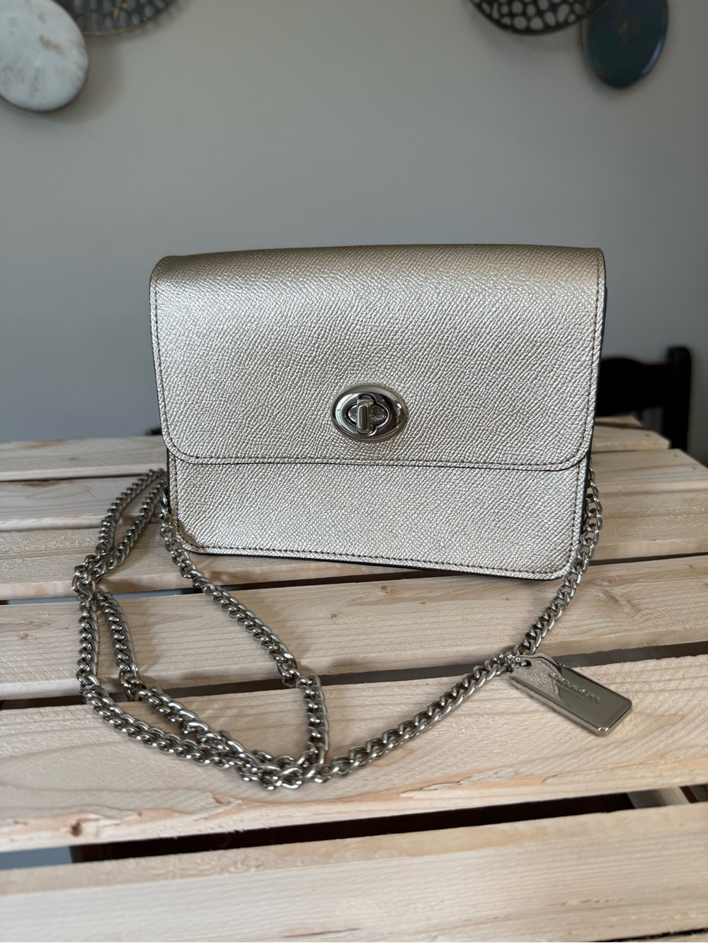 Coach Metallic Silver Turnlock Crossbody Bag
